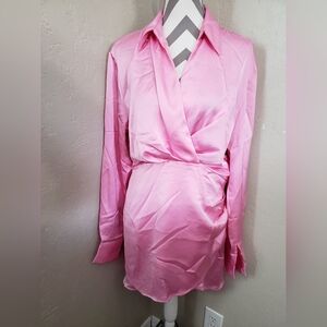 Luxurious Pink Long Sleeve Satin Mini Dress. NEW WITH TAGS